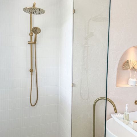 Brushed Gold Round Shower Set Slider with 2-functional Shower Head and Rain Head - Image 2