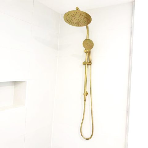 Brushed Gold Round Shower Set Slider with 2-functional Shower Head and Rain Head - Image 1