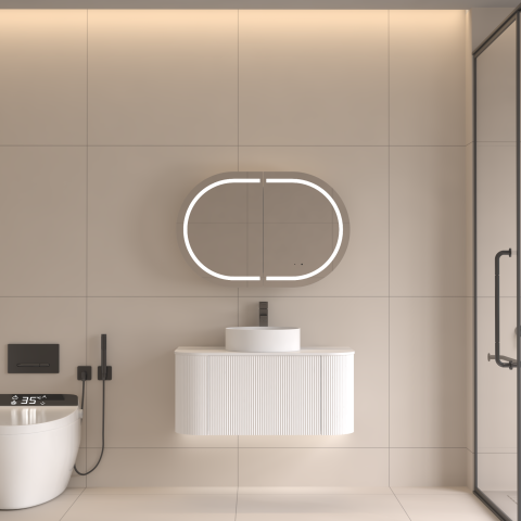 ELLURA 900mm Front-Lit LED Mirror Cabinet with Sensor & Demister – Matte White - Image 1