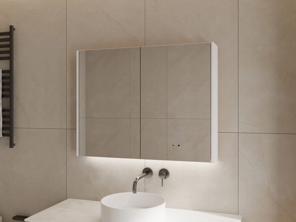 Wall-mounted bathroom cabinet with mirror above a white sink and faucet.