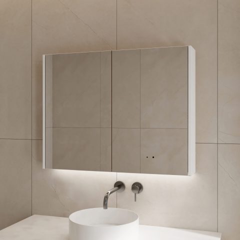 Wall-mounted bathroom cabinet with mirror above a white sink and faucet.