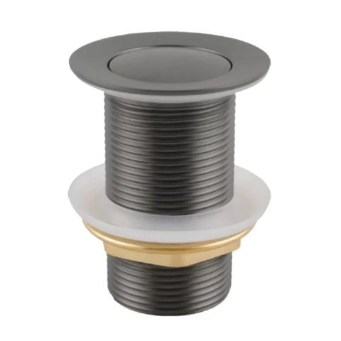 Pop-up drain assembly with brushed metal finish and threaded design.