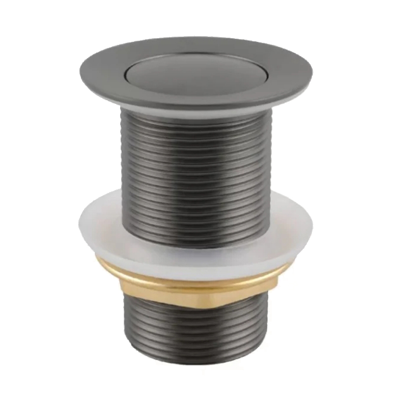 Pop-up drain assembly with brushed metal finish and threaded design.