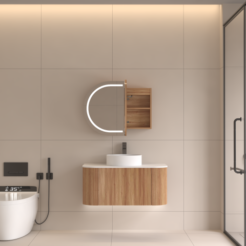 ELLURA 900(W)x600(H)mm Front-Lit LED Mirror Cabinet with Sensor & Demister – Acacia - Image 2