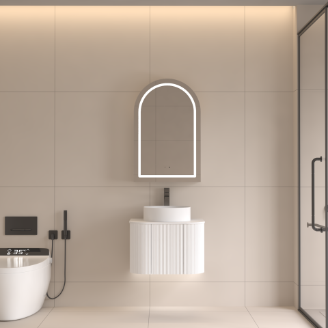 ARIA 550mm Front-Lit Arch LED Mirror Cabinet with Sensor & Demister – Matte White - Image 1