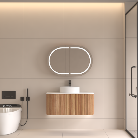 ELLURA 900(W)x600(H)mm Front-Lit LED Mirror Cabinet with Sensor & Demister – Acacia - Image 1