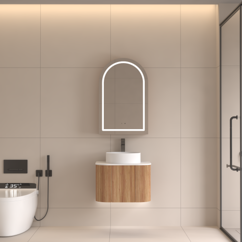 ARIA 550mm Front-Lit Arch LED Mirror Cabinet with Sensor & Demister – Acacia - Image 1