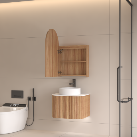 ARIA 550mm Front-Lit Arch LED Mirror Cabinet with Sensor & Demister – Acacia - Image 3