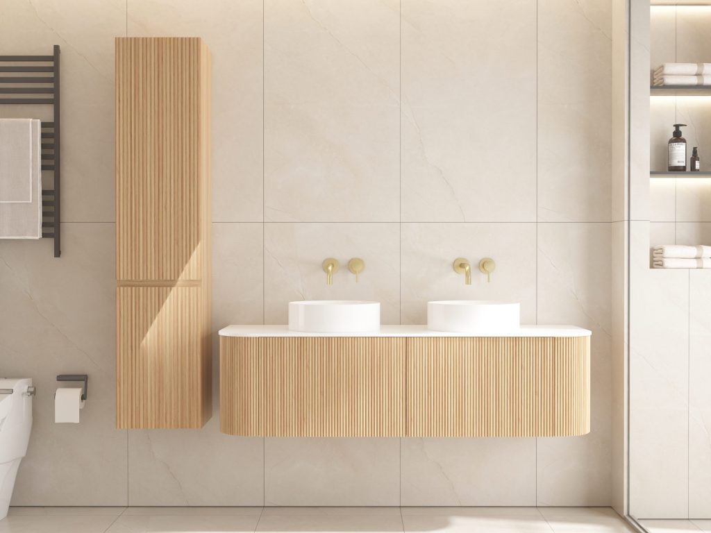 MJ-1 Modern bathroom with wooden cabinets and double sinks.