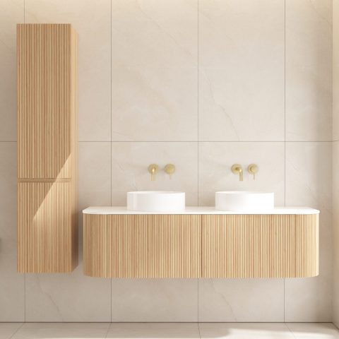 Modern bathroom with wooden cabinets and double sinks.