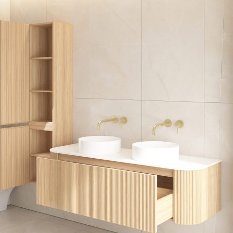 Wall-Hung Towel Cabinet – 350W x 300D x 1600H mm | Acacia Wood Door Front - Image 3