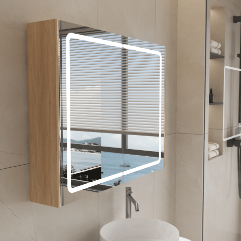 Lumina 900mm Front & Bottom-Lit LED Mirror Cabinet with Sensor & Demister – Acacia - Image 5