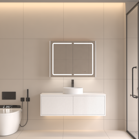 Lumina 900mm Front & Bottom-Lit LED Mirror Cabinet with Sensor & Demister – Matte White - Image 1