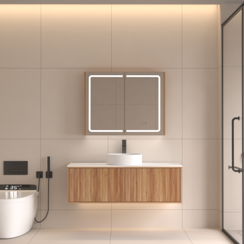 Lumina 900mm Front & Bottom-Lit LED Mirror Cabinet with Sensor & Demister – Acacia - Image 1