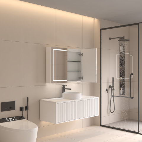 Lumina 900mm Front & Bottom-Lit LED Mirror Cabinet with Sensor & Demister – Matte White - Image 3