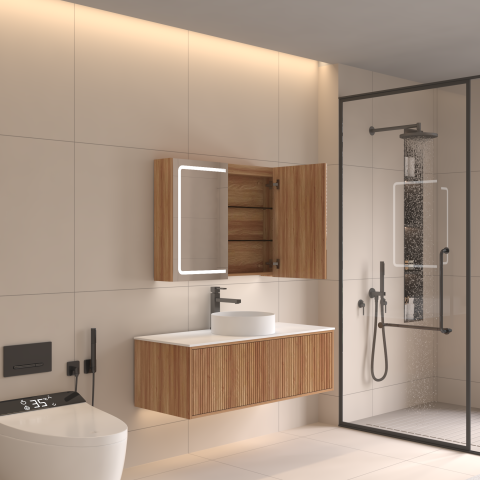 Lumina 900mm Front & Bottom-Lit LED Mirror Cabinet with Sensor & Demister – Acacia - Image 3