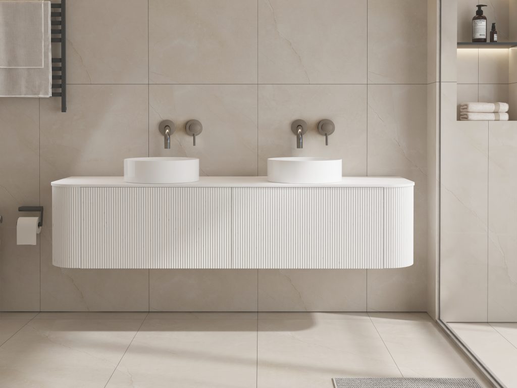 Modern bathroom with double sinks and minimalist design.