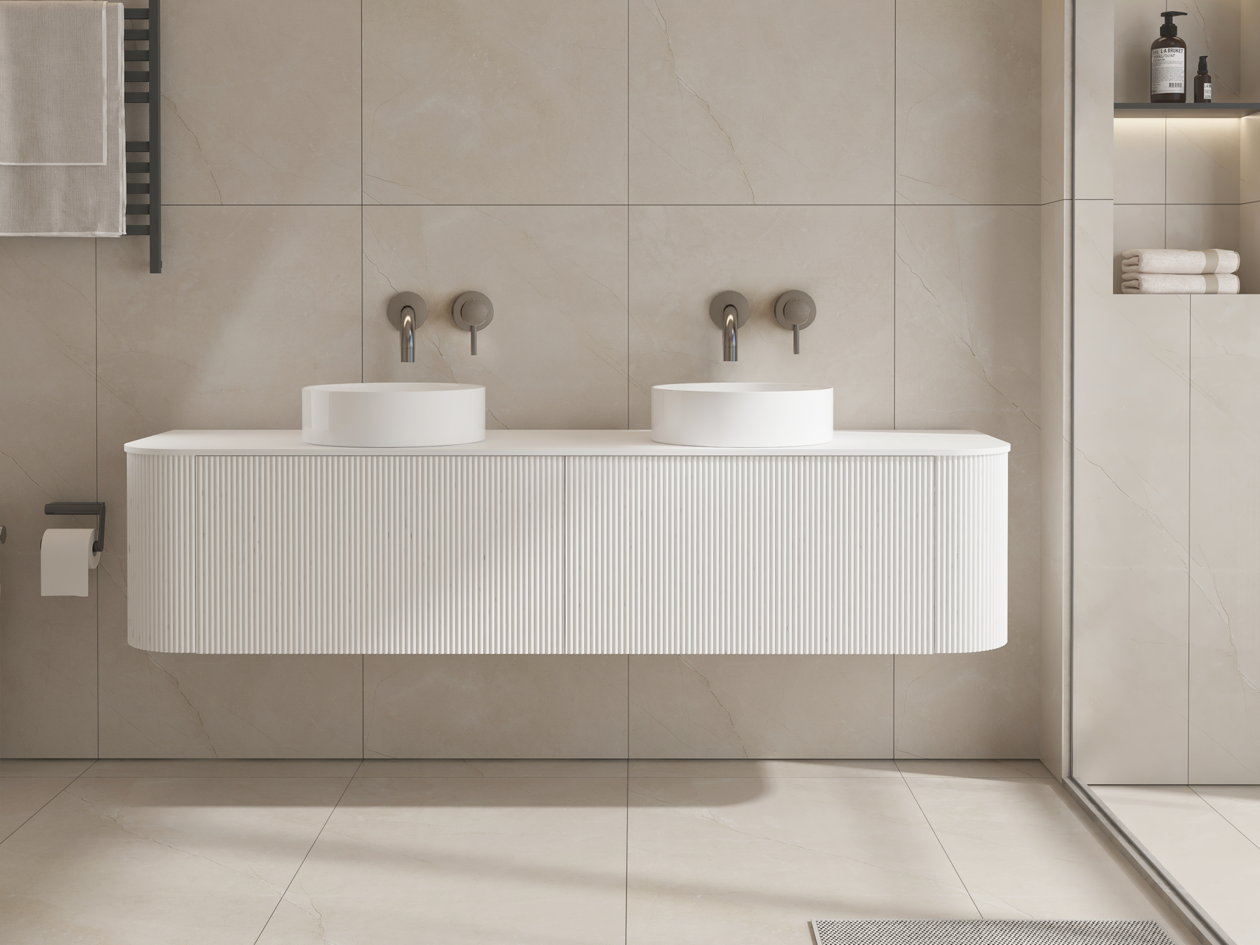 Modern bathroom with double sinks and minimalist design.