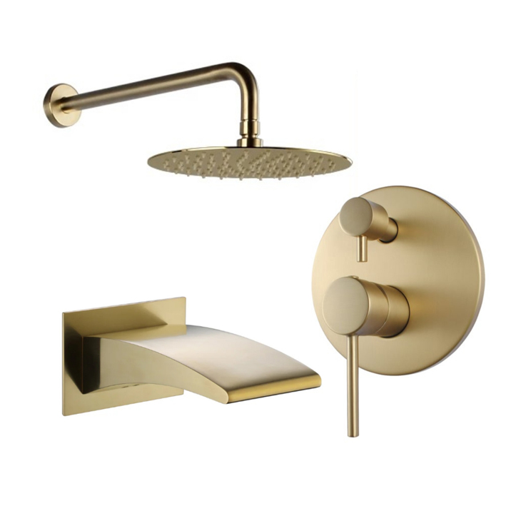 Gold showerhead, faucet, and control panel set against a white background.