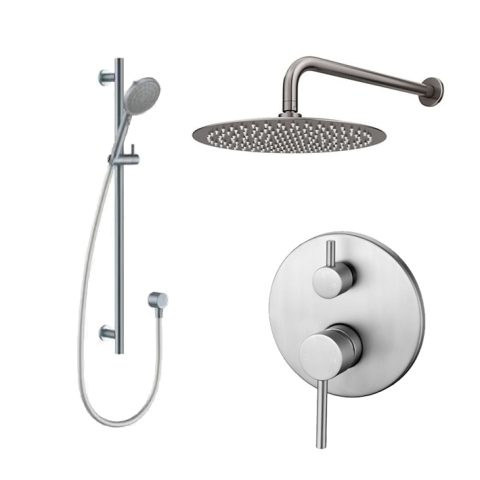 Modern shower set with handheld and overhead fixtures, stainless steel finish.