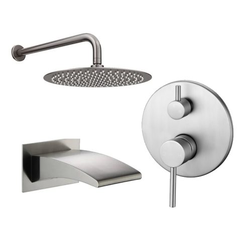 Modern stainless steel showerhead, faucet, and control panel set against a white background.