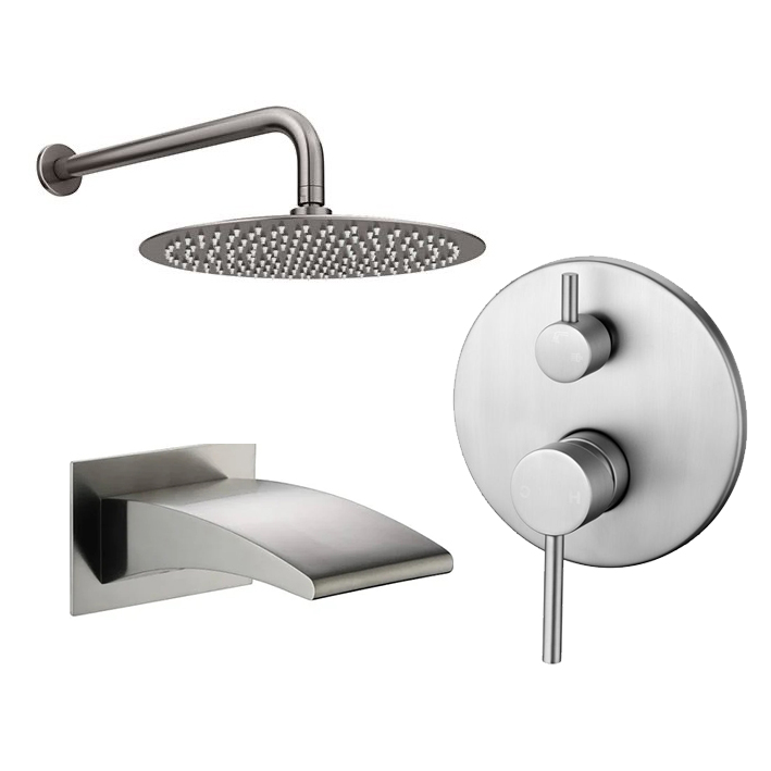 Modern stainless steel showerhead, faucet, and control panel set against a white background.