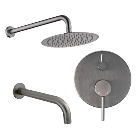 Stainless steel showerhead, faucet, and control knob set.