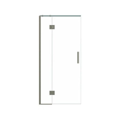 Glass shower door with metal hinges and handle.