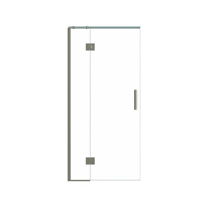 Glass shower door with metal hinges and handle.