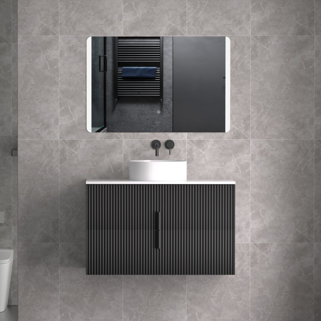Modern bathroom with wall-mounted sink, mirror, and gray tiled walls.