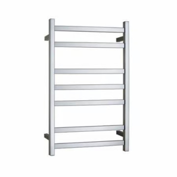 Silver wall-mounted towel rack with six horizontal bars.