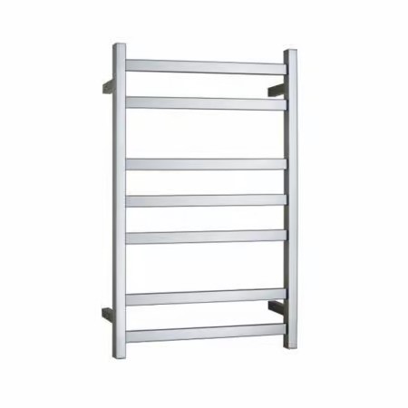 Silver wall-mounted towel rack with six horizontal bars.