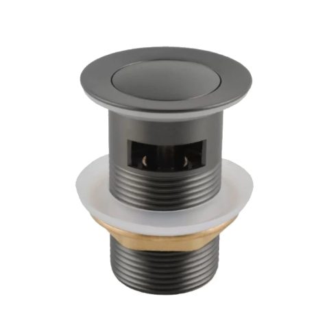 Black and silver pop-up drain stopper for sinks.