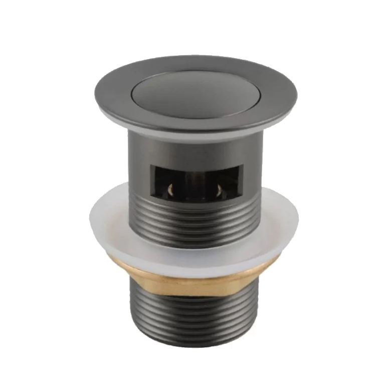 Black and silver pop-up drain stopper for sinks.