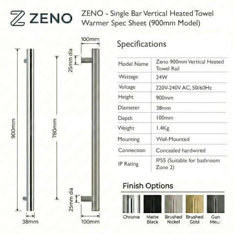 Zeno 900mm Vertical Heated Towel Rail - Brushed Copper - Image 5