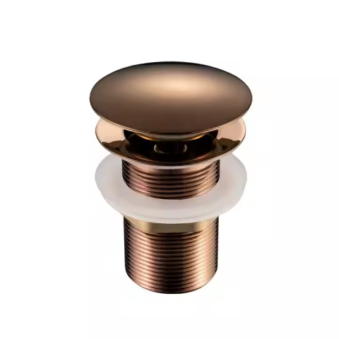Bronze pop-up drain stopper with threaded body and white gasket.