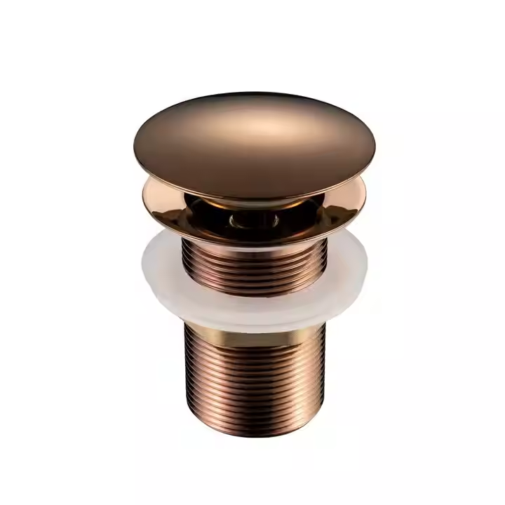 Bronze pop-up drain stopper with threaded body and white gasket.