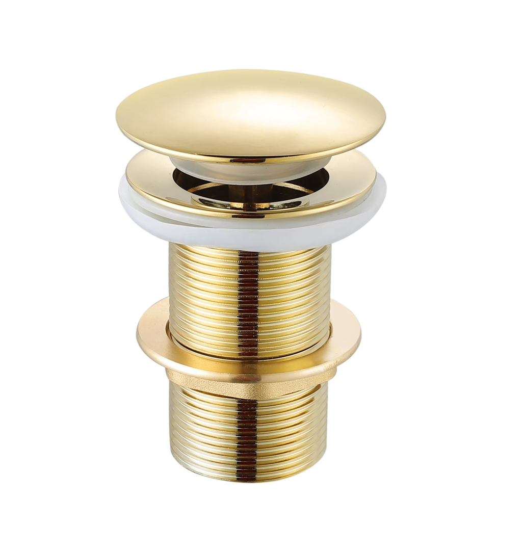 6 (2) Gold pop-up drain stopper with threaded body and white gasket.