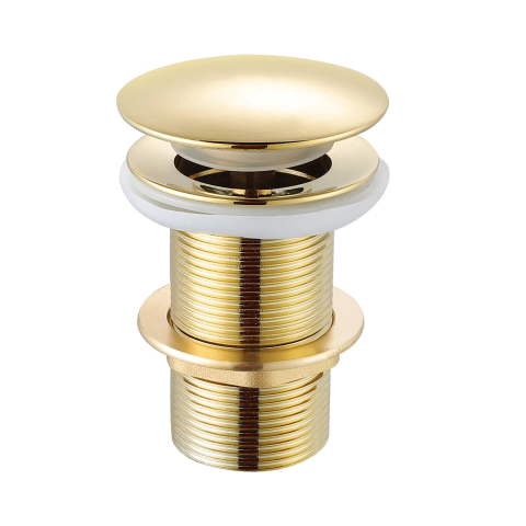 Gold pop-up drain stopper with threaded body and white gasket.