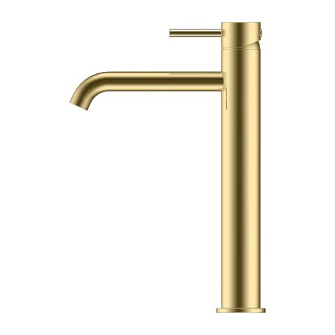 Gold modern faucet with a single lever handle.