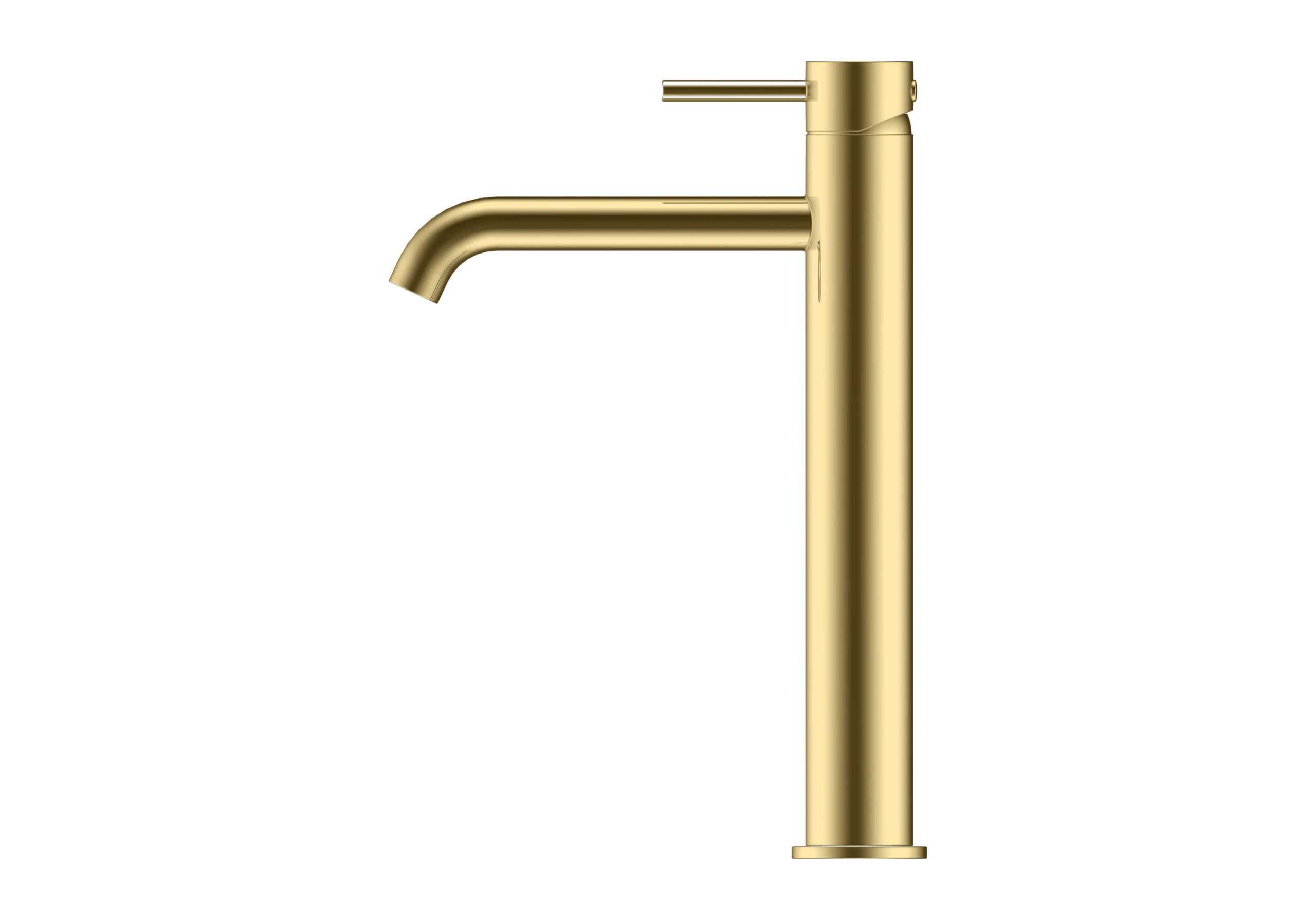 Gold modern faucet with a single lever handle.