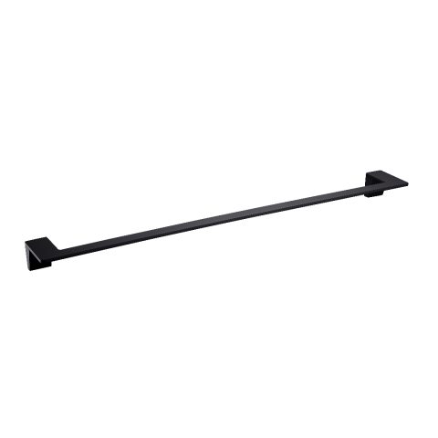 Black metal towel bar with square mounts.