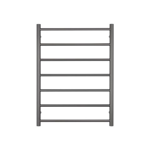 Metal ladder with seven rungs on a white background.