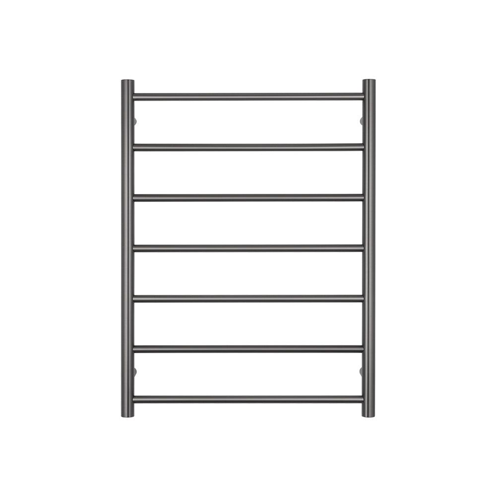 Metal ladder with seven rungs on a white background.