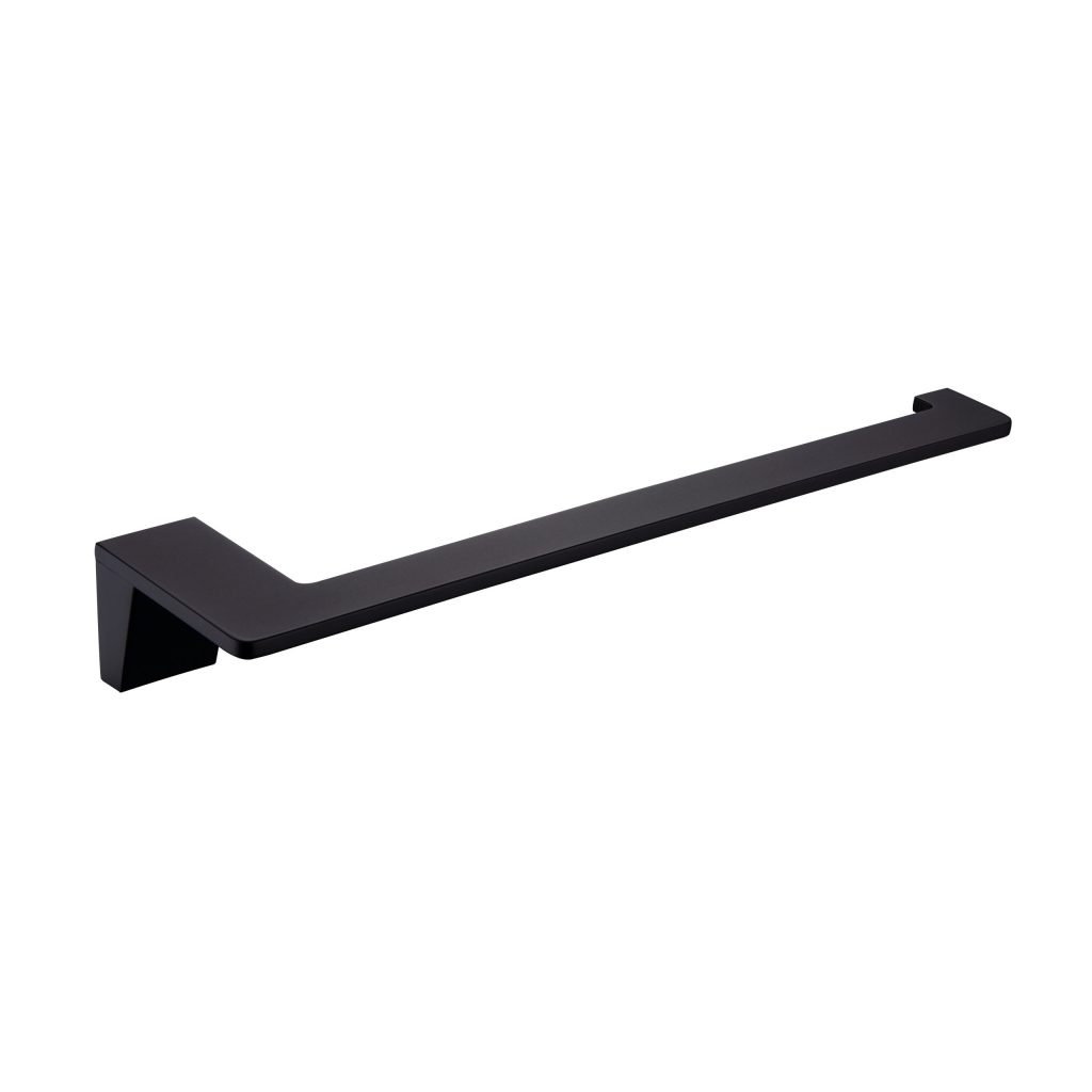 Black modern drawer handle on white background.