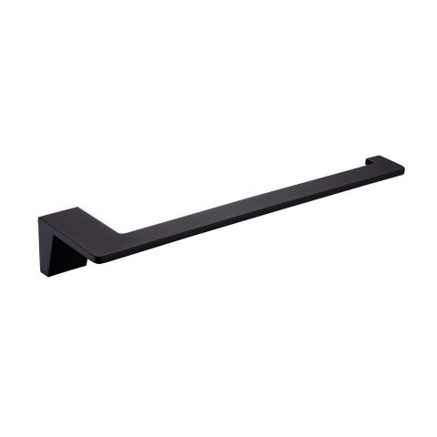 Black modern drawer handle on white background.