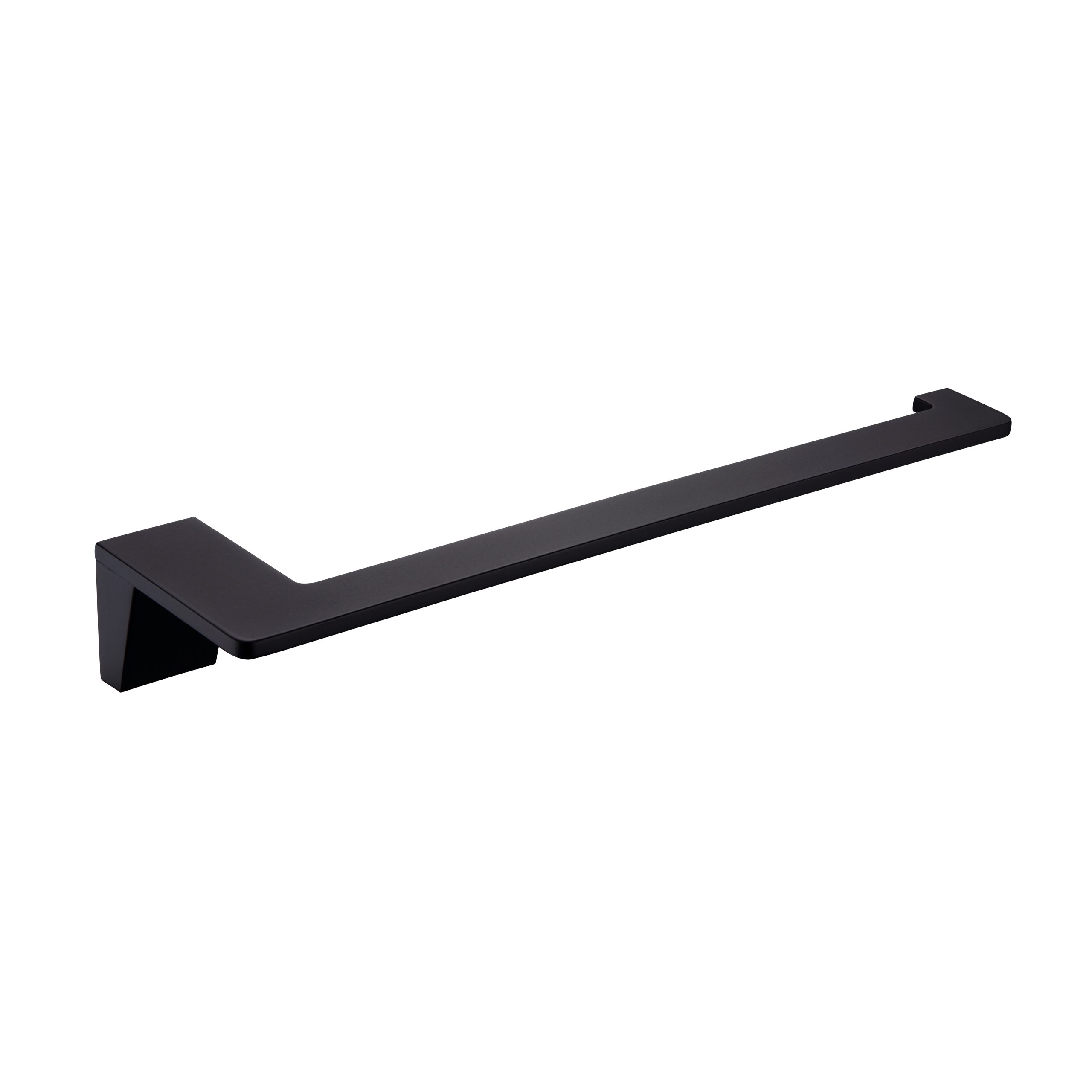 Black modern drawer handle on white background.