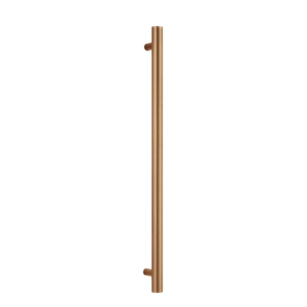 Copper-colored vertical door handle with two mounting brackets.