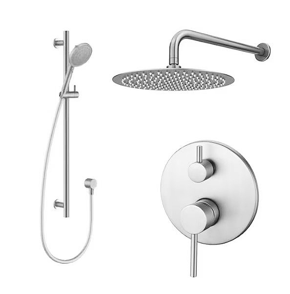 Modern silver shower set with handheld and overhead fixtures.