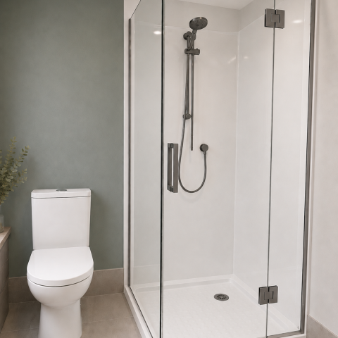 Claro 900x900mm Frameless Shower Box Kit – Square – Swing Door – Includes Tray & Wall Liner – Gun Metal - Image 1
